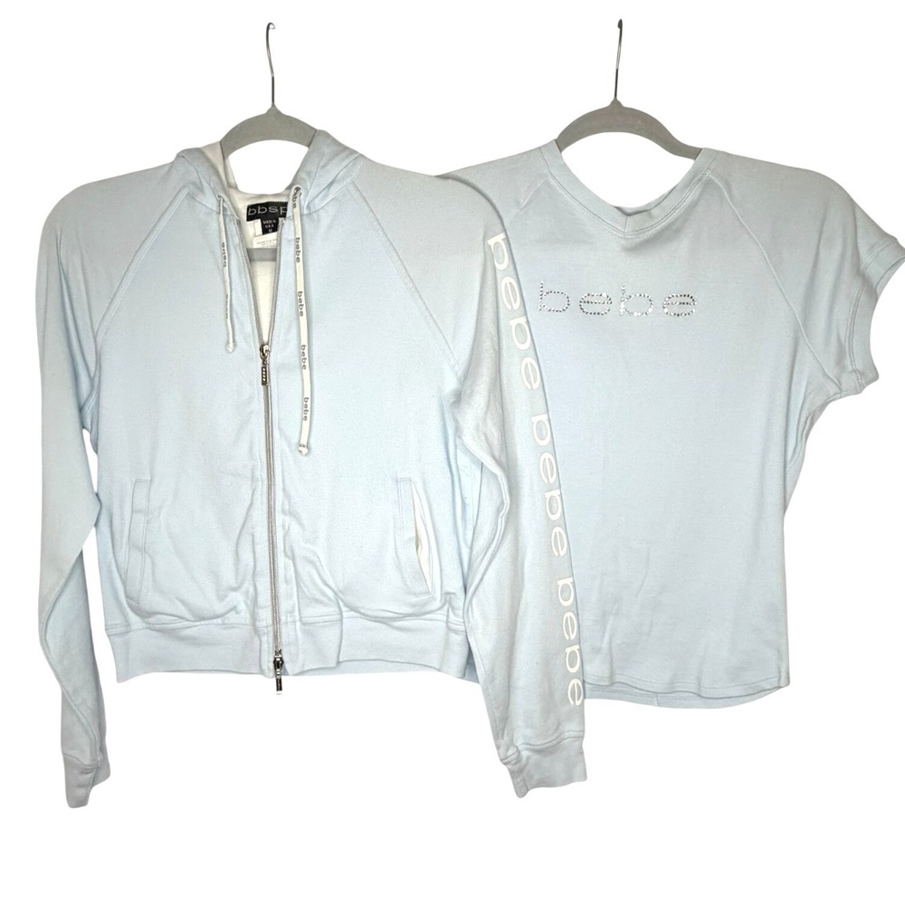 Bebe Sport Hoodie and Shirt Set Kids M/L Blue Rhinestone Logo Y2K Bundle